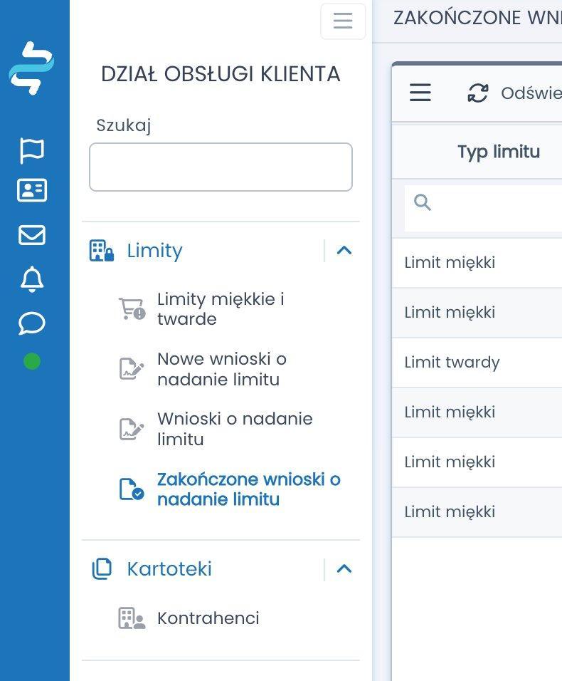 Menu Dział obsługi klienta z sekcją Limity (limity miękkie i twarde, nowe wnioski o nadanie limitu, wnioski w toku, zakończone wnioski) i tabelą typów limitów