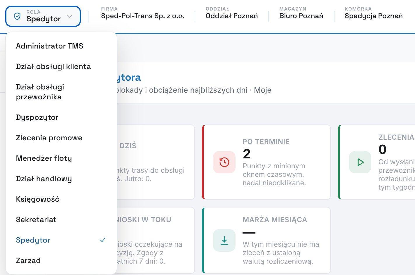 Rozwijana lista jedenastu ról w górnym pasku linkway.TMS - Administrator TMS, Dział obsługi klienta, Dział obsługi przewoźnika, Dyspozytor, Zlecenia promowe, Menedżer floty, Dział handlowy, Księgowość, Sekretariat, Spedytor, Zarząd