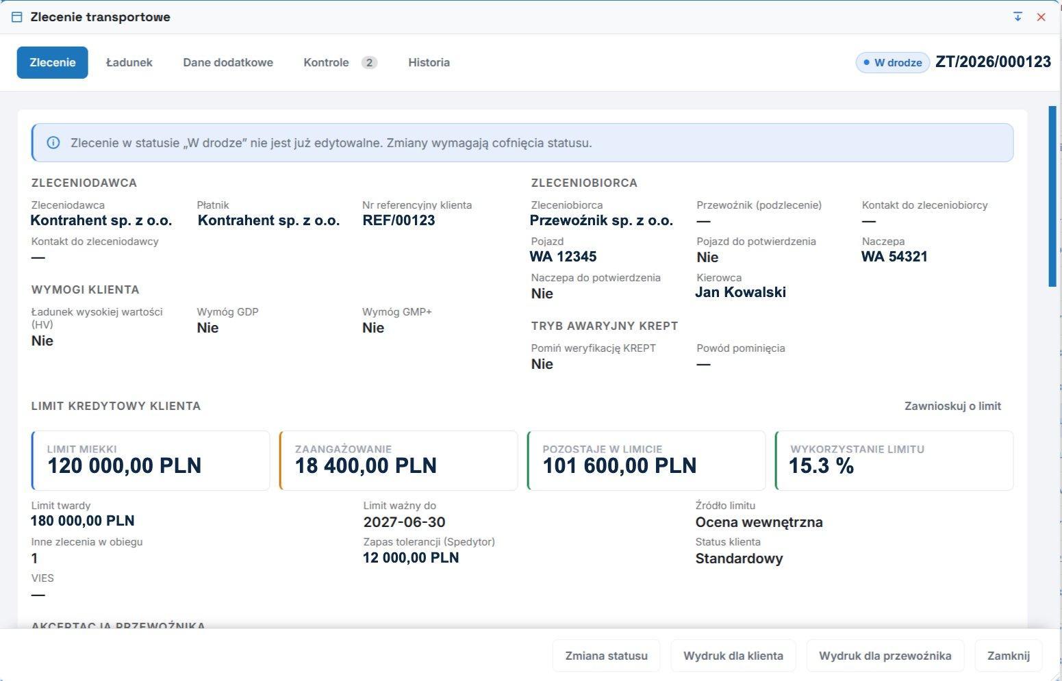 Zlecenie transportowe w statusie W drodze - zleceniodawca, zleceniobiorca, wymogi klienta, limit kredytowy (miękki, twardy, zaangażowanie, procent wykorzystania, data ważności)